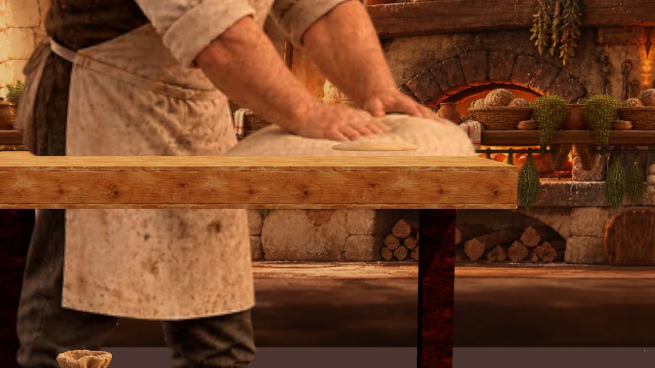The Baker kneads Mother Dough on the kneading table