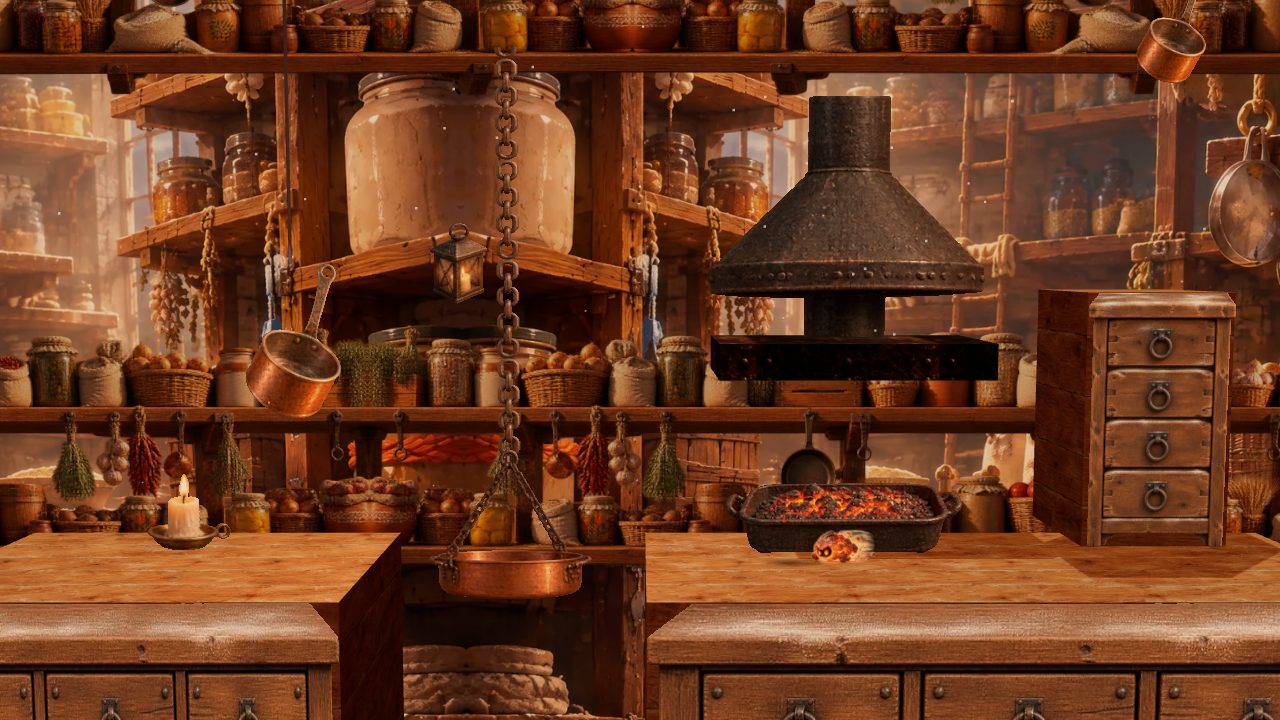 The High Pantry: towering shelves of jars and an ember tray